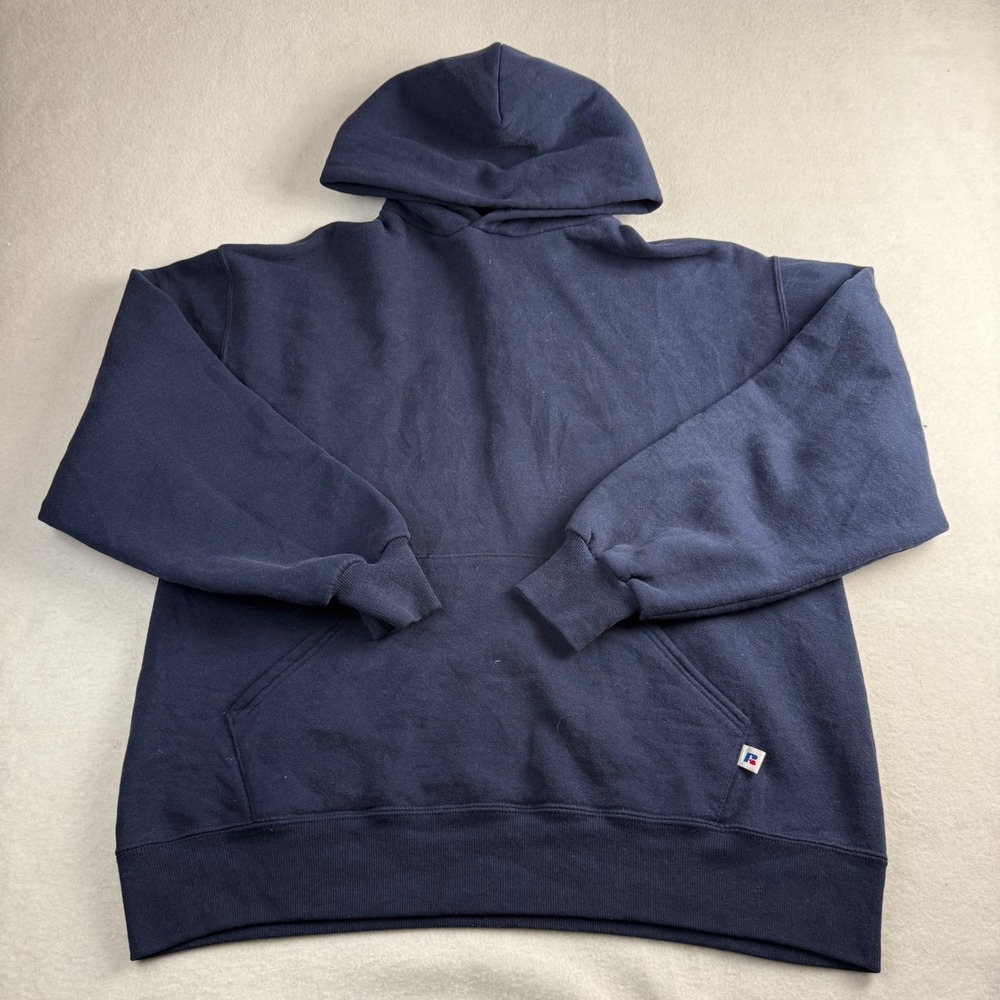 Vintage Russell Athletic Navy Blue Hoodie Made in USA Mens Large Blank 90s